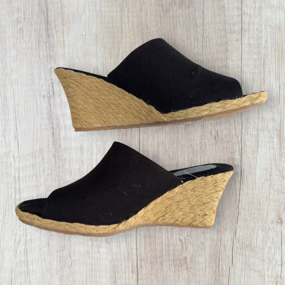 NEW FITZWELL Black Slip On Slide Espadrille Wedge Peep Toe Sandals Jute 8 WW